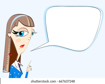 Girl teacher explaining subject in bubble isolated on light horizontal background