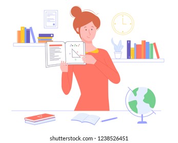 Girl teacher holds a textbook. On the table there are textbook, notebook, globe. Behind the shelf with books. Vector illustration for online courses or home schooling.