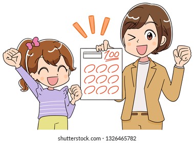 A girl and the teacher are pleased to see the test paper.