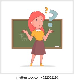 Girl teacher pondered against the background of a school board. Vector illustration