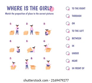 Girl teaches prepositions. Child place on cardboard box direction, preschool english grammar vocabulary cartoon activity kid teaching preposition, set vector illustration of english preposition