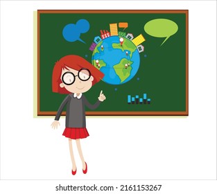 Girl Teaching About World Glob Character