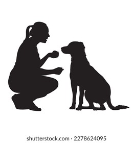 Girl teaching labrador retriever dog vector silhouette.