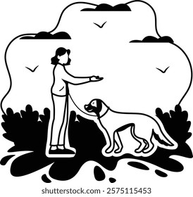 Girl teaching sit, stay, come, down, and leave it vector design, Pet foster hotel Symbol, kennel animals Sign, Human-animal interaction illustration, dog behaviourist Giving obedience training concept