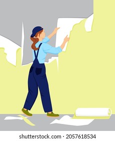 A Girl Tears Off The Old Wallpaper From The Wall. A Woman Makes Repairs In The Home. Apartment Or House Renovation. Isolated Vector Illustration In Cartoon Style