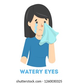 Girl in tears. Symptom of flu or cold. Female character with watery eyes. Sad girl. Flat vector illustration