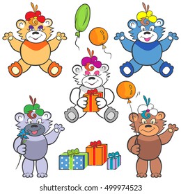 Girl teddy bear in different poses. Set with presents, and balloons. Five smiling multicolored cartoon on a white background