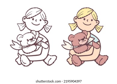 A girl with a teddy bear in her arms.  Vector illustration with cartoon style.