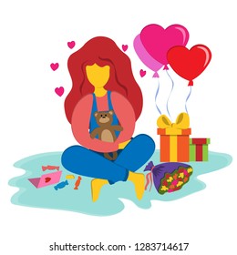 Girl with a teddy bear in her hands and gifts for Valentine's Day. Gifts, balls and love card. Illustration in flat style