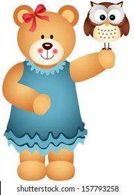 Girl Teddy Bear Holding Owl in Hand