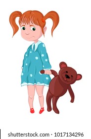 Girl with Teddy bear on white background.  Children's cartoon illustration. children's book. Baby products. Drawing for children games. Girl with two ponytails.