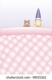 girl with a teddy bear sleeping under a blanket quilted