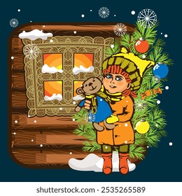 A girl with a teddy bear stands against the background of a wooden window covered with snow and a New Year tree. Vector illustration