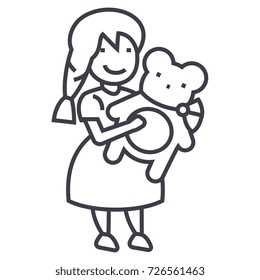 girl with teddy bear vector line icon, sign, illustration on background, editable strokes