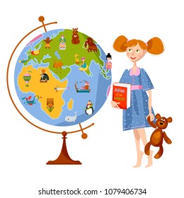 A girl with a teddy bear and a world atlas looking at the globe map. Back to school. Vector illustration.