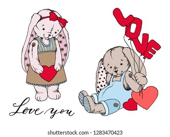 Girl Teddy bunny toy with heart and boy bunny with love word ballons in the paw vector illustration. Love you inscription. Valentines Day Concept. Love concept. Hand drawn illustration for kids design