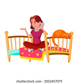 Girl Teen Talking With Friend Through Phone Vector. Teenager Sitting On Bed In Bedroom And Talk Through Mobile Phone Electronic Device. Character Communication Flat Cartoon Illustration