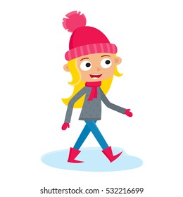 Girl teenage walking, cartoon vector illustration isolated on white background. Full portrait of blondy teenage in pink hat and mittens, fun winter activity, outdoor leisure time.