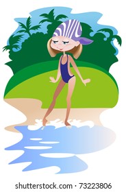 The girl - teenager in a bathing suit and bandana wants to enter the water
