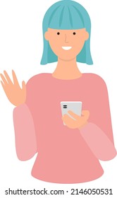 Girl, teenager with blue hair holding phone in her hand. Girl waving, sign for greeting, social concept, vector illustration isolated on white background. Friendly expression, positive happy girl.