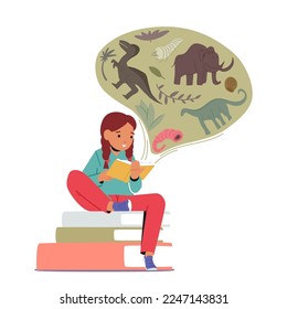 Girl-Teenager-Figuren, die prähistorische Tiere und Dinosauriergeschichte aus dem Buch studieren. Schulbildung, Wissenskonzept. Kleines Kinderlesen, Lernen oder Hausaufgaben. Cartoon-Vektorgrafik