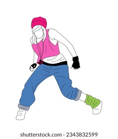 Girl teenager dancer hip hop, breakdance outline vector drawing isolated on white background. Young cool girl dancing street dance in bright clothes. Korean japanese asian cartoon style