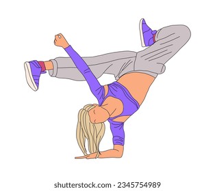 Girl teenager dancer hip hop, breakdance outline vector drawing isolated on white background. Young cool girl dancing street dance in bright clothes. Korean japanese asian cartoon style