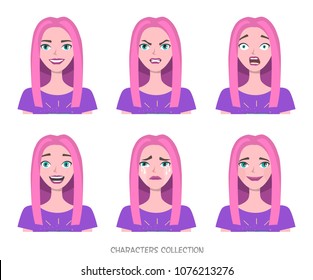 Girl teenager in fashionable clothes ultra violet colors. Set of emotions and gestures to the young teenager. Girl in a different mood. Childrens emotions