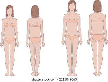 Girl teenager figure. Body proportions at 12 and 15 years old. Front and back. Teen silhouette. Child sketch. Fashion croquis. Vector illustration.