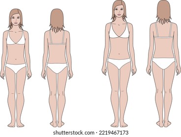 Girl teenager figure. Body proportions at 12 and 15 years old. Front back views. Fashion croquis template for technical drawing. Vector illustration.