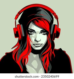 Girl teenager music lover. Cartoon young attractive woman listening to music with headphones, vector illustration. 