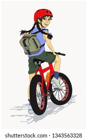 girl teenager on a bicycle with a backpack and bicycle helmet, stylized image