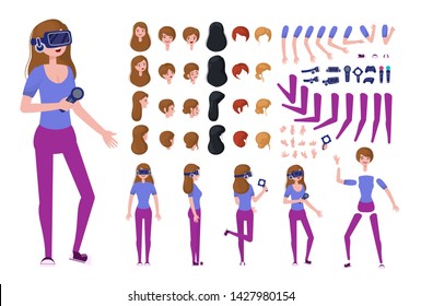 Girl or teenager in Virtual Reality headset or VR helmet. Cartoon character creation set, constructor. Different views and projections, emotions, postures and gestures. Vector flat infographic