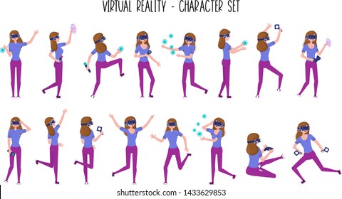 Girl or teenager in Virtual Reality headset or VR helmet. Casual woman, Set of isolated cartoon female characters full length. Front, side, back views, gestures. Vector flat