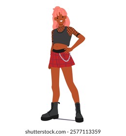 Girl teenager wearing trendy outfit vector illustration. Ultra cool teenage female cartoon character dressed in emo style casual clothes standing isolated on white. Youth culture and individuality