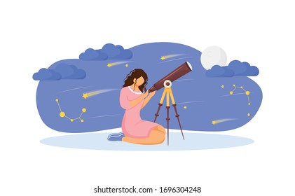 Girl with telescope flat concept vector illustration. Woman search for constellation 2D cartoon character for web design. Look at stars and moon with tool. Night sky observation creative idea