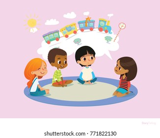 Girl telling fairy tale to other children sitting on round carpet against cartoon train with colorful cars inside speech bubble on background. Kids listening to storyteller. Vector illustration