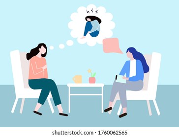 The girl tells the psychologist her inner experiences, vector graphics