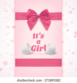 It's a girl. Template for baby shower celebration, or baby announcement card. Greeting card with two egg shells, pink ribbon and a bow. Vector illustration