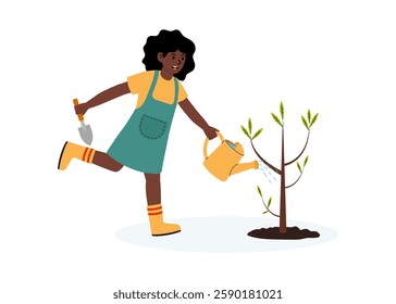 Girl tending to a young tree while watering it in a garden setting
