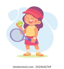 Girl Tennis Player with Ball and Racquet as Child Profession Vector Illustration