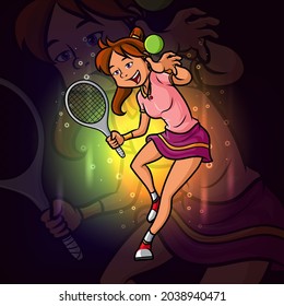 The girl tennis player esport logo design of illustration