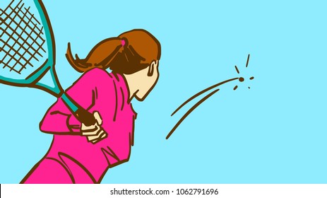 A girl tennis player hit with a tennis racket on the ball. Bottom view. tennis match. Cartoon colorful vector sketch.