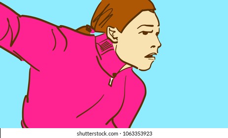 The girl tennis player preparing to hit the ball with the racket. Headshot. Tennis match. Cartoon colorful vector sketch.