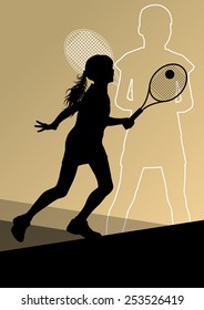 Girl tennis players active sport silhouettes vector abstract background illustration