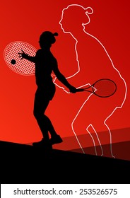 Girl tennis players active sport silhouettes vector abstract background illustration