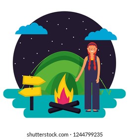 girl tent bonfire night camping