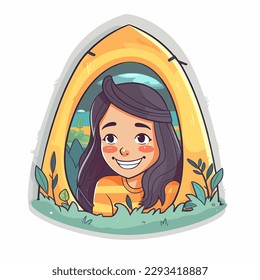 A girl in a tent at the campsite. Summer holiday adventures in a tent. Cartoon vector illustration. label, sticker, t-shirt printing