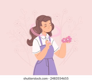 Girl testing new aroma. Young lady with perfume bottle and flowers. Female like fragrance, spring smell for woman. Beauty cosmetics vector concept