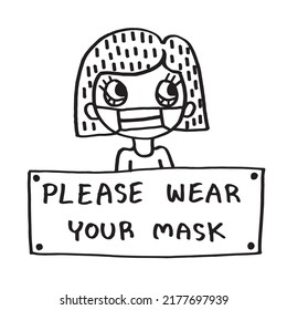 Girl With Text Please Wear Your Mask , Cartoon Doodle Hand Drawing , Covid 19